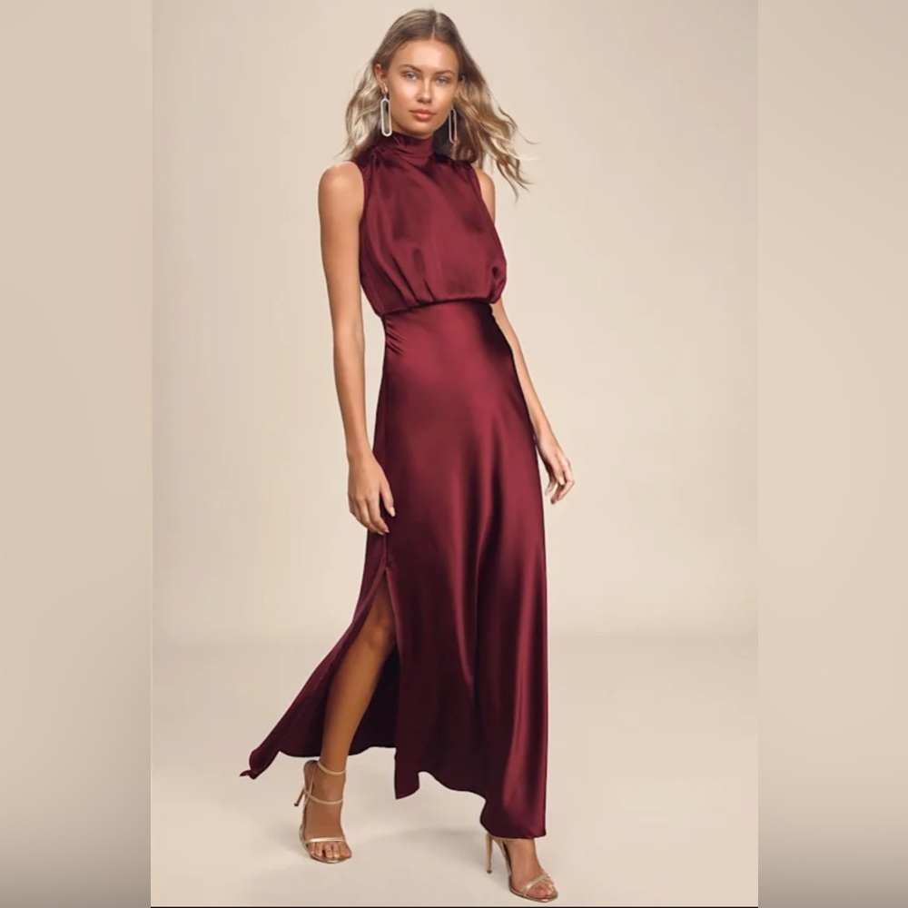 Lulu's Burgundy Satin High-Neck Maxi Dress